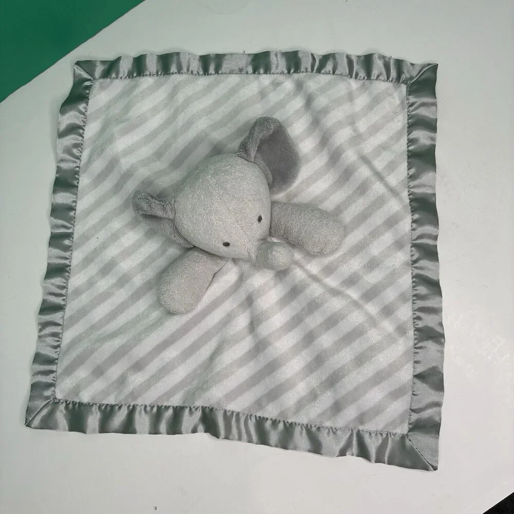 Cloud Island Baby Elephant Lovey Security Blanket Grey White Stripes Satin Back